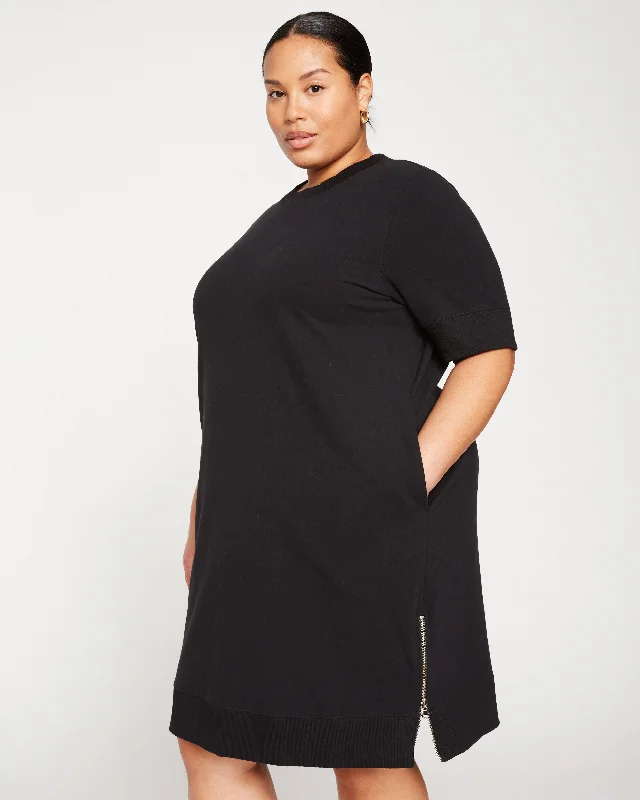 Grace Short Sleeve Sweatshirt Dress - Black Hoodie with Hem Elastic Stretchable Comfortable