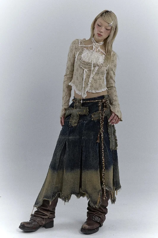 Grunge Cross Patch Pleated Maxi Skirt wool skirt warm