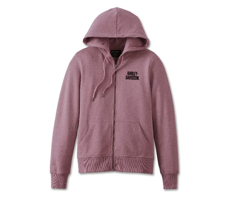 Harley-Davidson® Women's Special Bar and Shield Zip Front Hoodie - Grape Shake Heather Hoodie with Drawcord Adjustable Secure