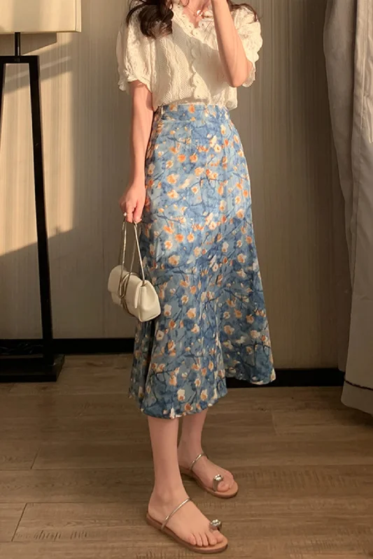High Waist Floral Print Fishtail Skirt linen skirt natural
