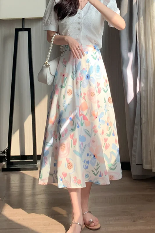 High Waist Fresh Floral Print Midi Skirt cashmere skirt soft