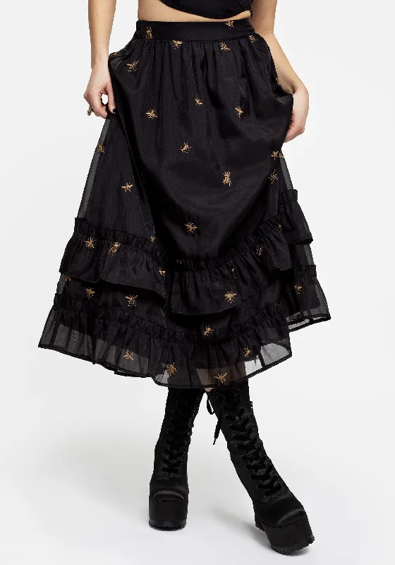 Insectarium Embroidered Organza Tiered Midi Skirt boho skirt vibe
