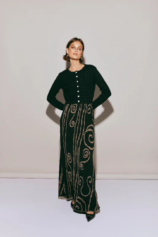 Ivy Muse Knit Maxi Skirt Black Swirl leather skirt sleek
