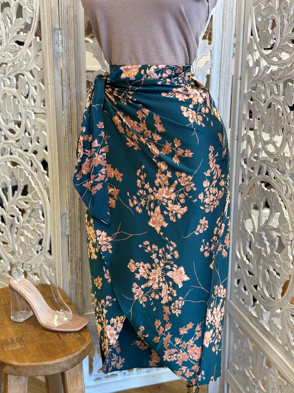 Knotted Wrapped Floral Satin Skirt- Slightly Stretchy lace skirt romantic