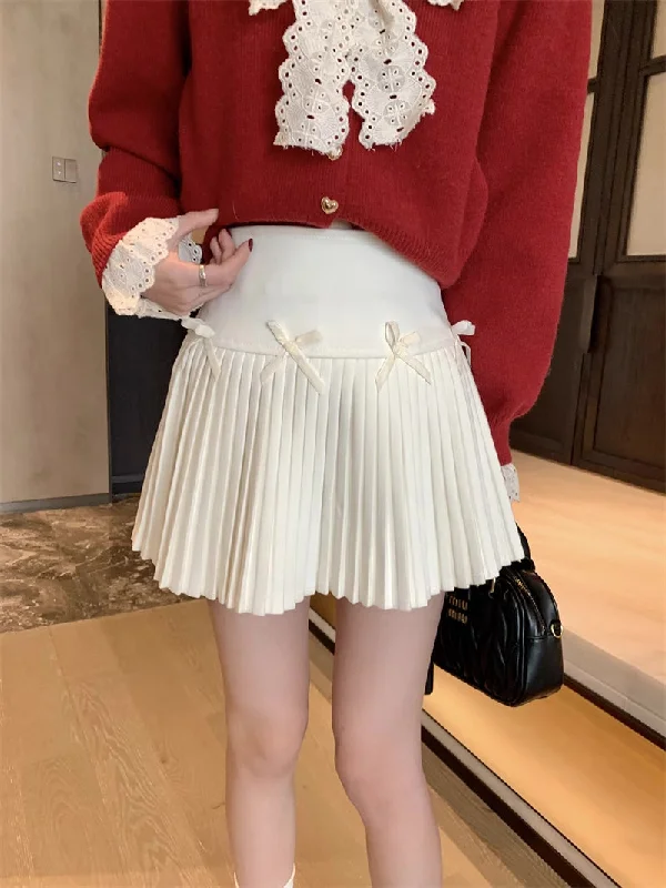 Little Bow Pleated Mini Skirt (4 Colors) corduroy skirt textured