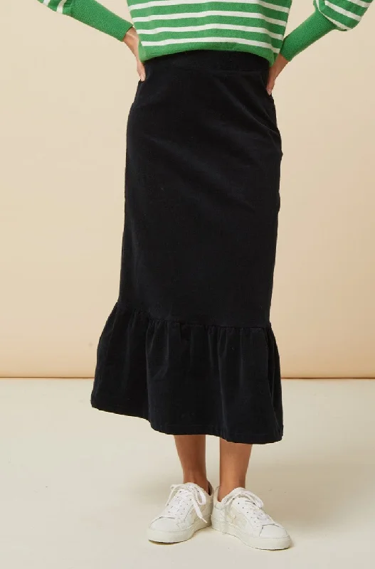 Lori Stretch Corduroy Skirt | Black a-line skirt cut