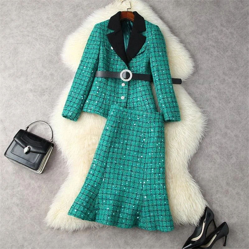 Luxury Sequins Tweed Skirt Suit corduroy skirt durable