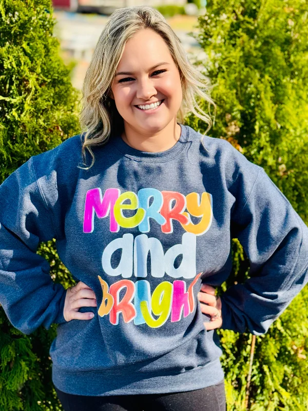 "Merry and Bright" Sweatshirt on Dark Heather Grey Hoodie with Distressed Vintage Worn