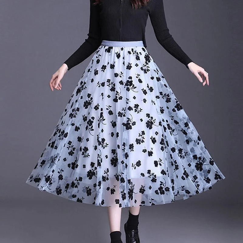 Mesh Floral Skirt Women's Spring/Summer High Waist Mid-Length A-Line Pleated Skirt wool skirt sturdy