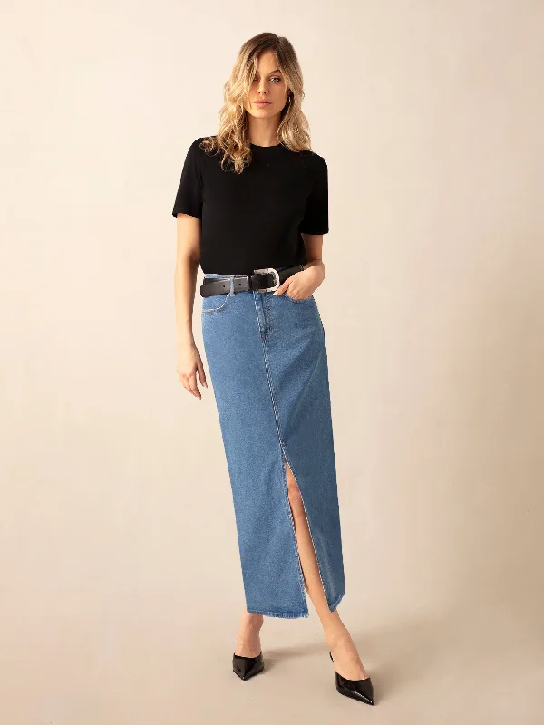 Mid Wash Blue Denim Midaxi Skirt ruffled skirt detail