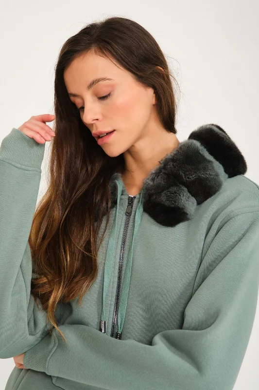 Mint Color Chinchilla Fur Zipped Hoodie & Jogger Set Hoodie with Zipper Versatile Modern