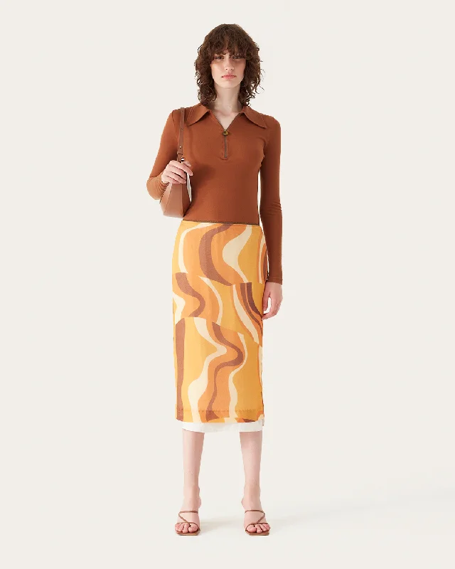 Mirren Skirt Tencel Print Orange ribbed skirt waist