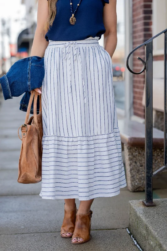 Mixed Stripes Ruffle Bottom Midi Skirt chiffon skirt lightweight