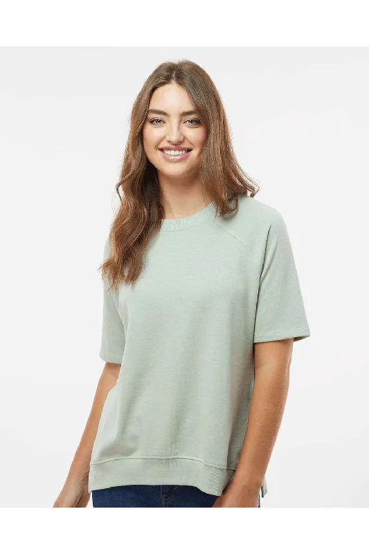 MV Sport Womens French Terry Short Sleeve Crewneck Sweatshirt - Greenstone Hoodie with Color Block Contrast Stylish
