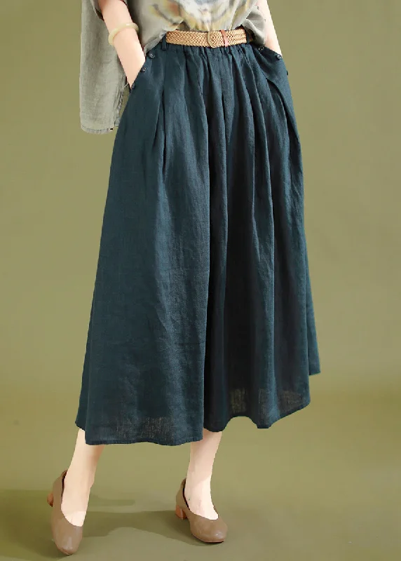Navy Wrinkled Solid Linen Skirts Elastic Waist Summer cashmere skirt plush