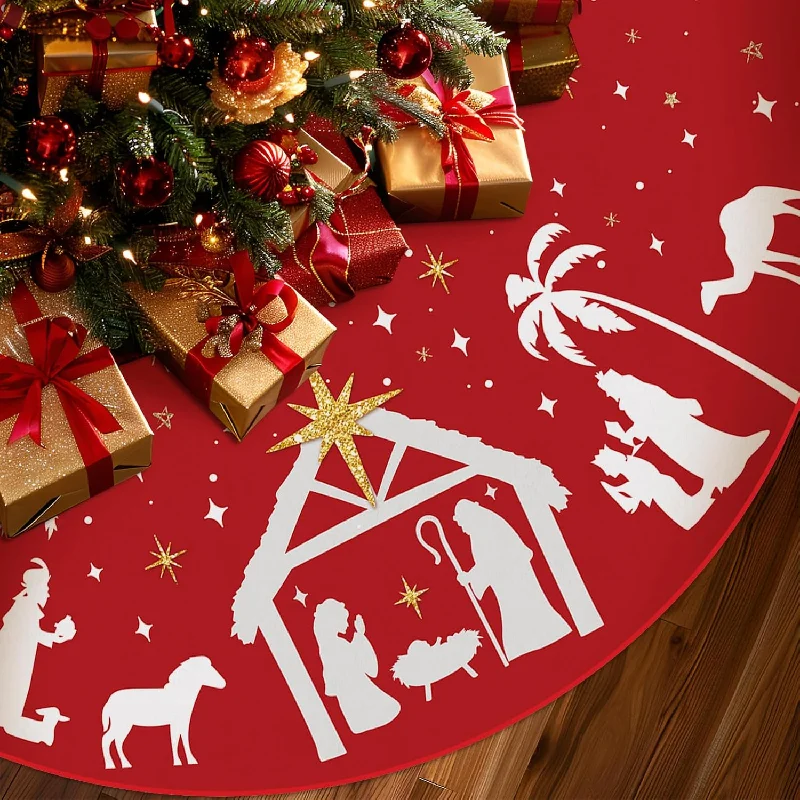 Red Nativity Christmas Tree Skirt - 48 Inch breathable skirt fabric
