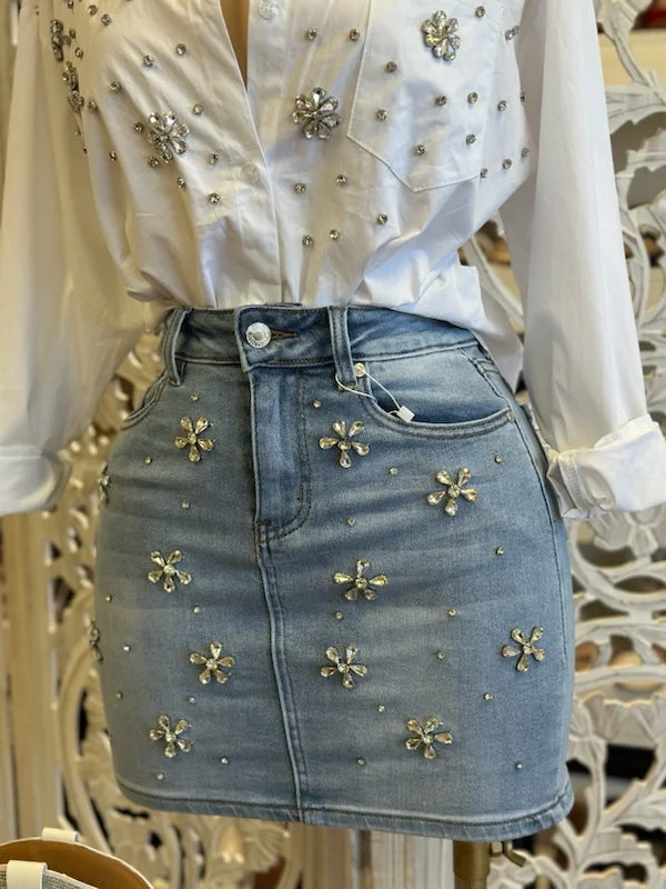 Rhinestone Flower Jean Skirt- Stretchy velvet skirt plush
