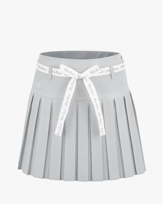 Ribbon Belt High Waist Double Pleated Skirt - Grey patchwork skirt art
