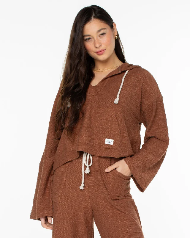 Roxy Rich Coast Solid Sweatshirt-Carob Brown Hoodie with Raw Hem Edgy Unfinished