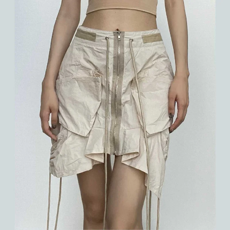 Rrawstring zip-up irregular cargo pocket mini skirt corduroy skirt cozy