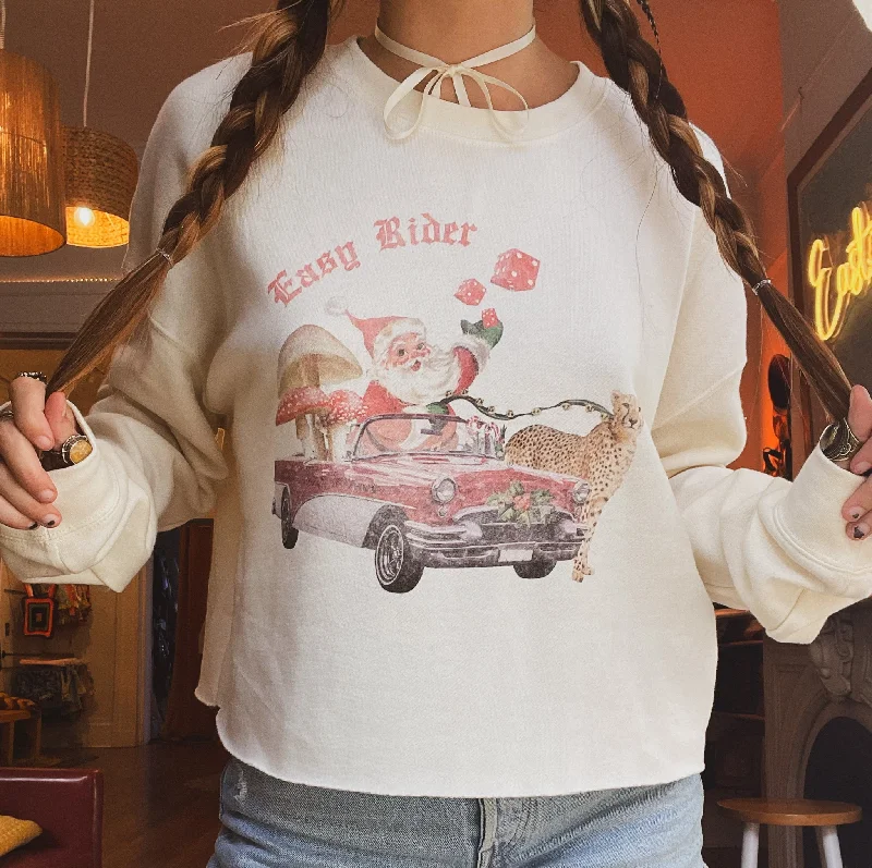 Santa Easy Rider Cropped Sweatshirt Hoodie with Crew Neck Simple Timeless