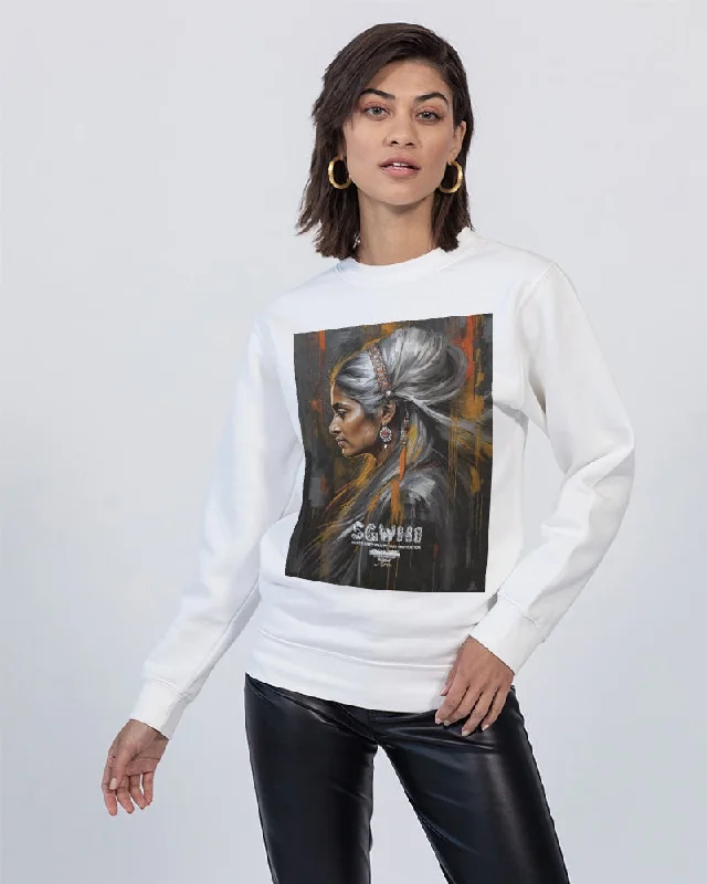 South Asian silver grey white hair sisters portrait [2] Unisex Premium Crewneck Sweatshirt | Lane Seven Hoodie with Sequins Glamorous Eye-catching