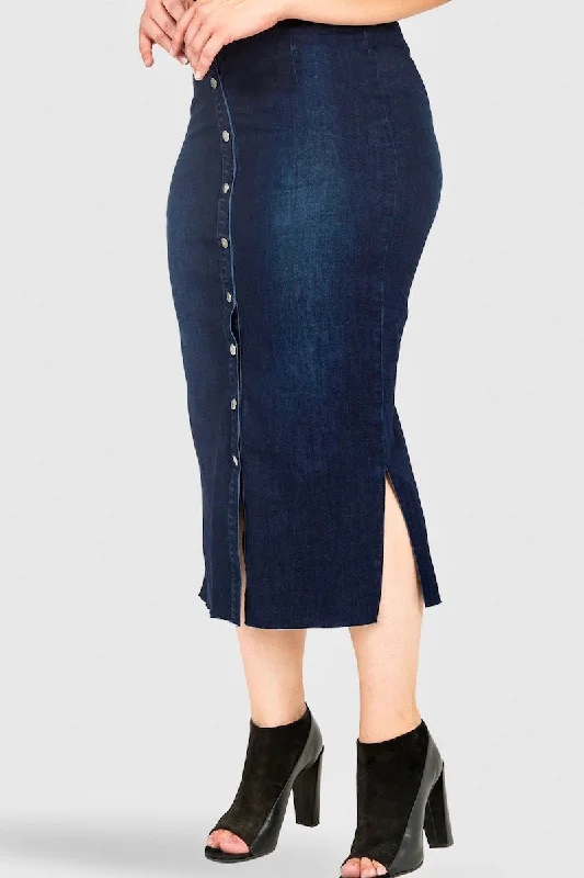 Standards & Practices Elain Denim Midi Pencil Skirt asymmetrical skirt cut