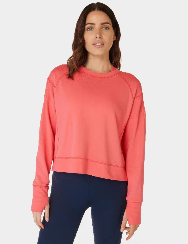 After Class Crop Sweatshirt - Coral Pink Hoodie with Hem Lace Feminine Delicate