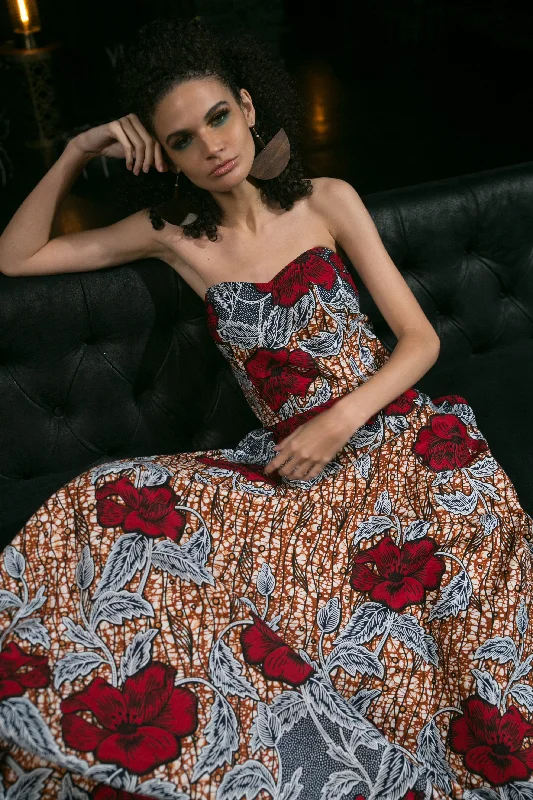 Sweetheart Neckline Bustier Top w/Asymmetric Hem A-Line Skirt floral skirt print