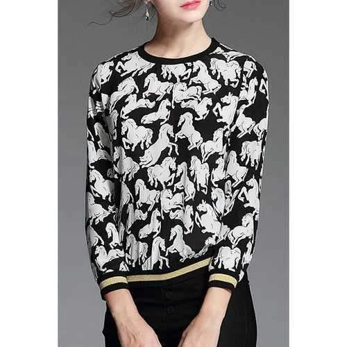 Women's Stylish Round Neck Long Sleeve Horse Sweatshirt - White L Hoodie with Metallic Shiny Futuristic