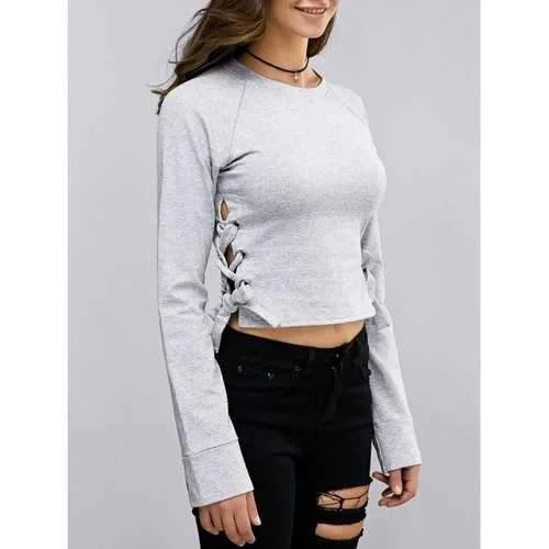 Fashion Round Neck Long Sleeve Lace Up Cropped Sweatshirt For Women - Light Gray M Hoodie with Pattern Geometric Abstract