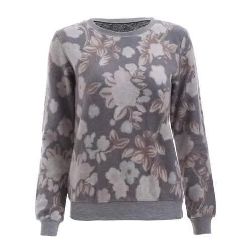 Casual Round Neck Floral Pattern Flocking Women's Sweatshirt - Gray S Hoodie with Contrast Stitching Detailed Premium