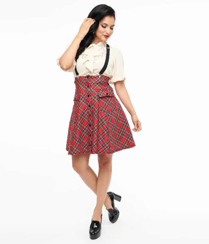 Unique Vintage 1950s Red Bias Plaid Suspender Flare Skirt a-line skirt cut