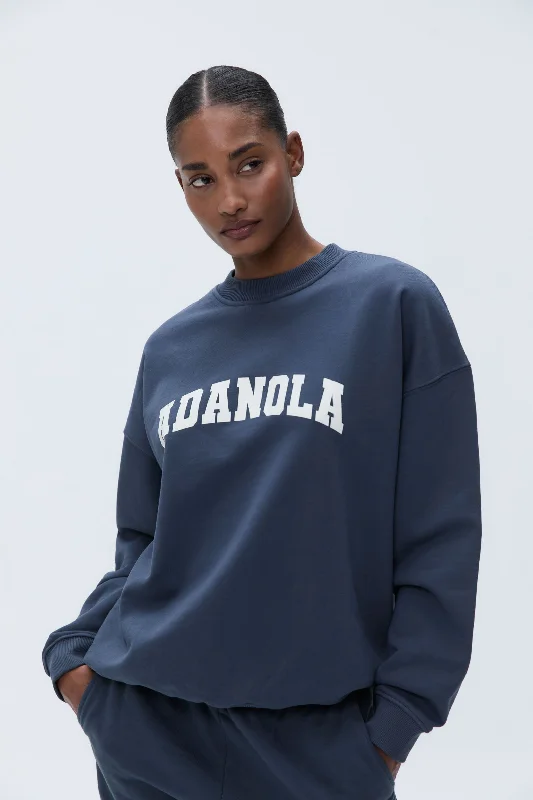 Varsity Oversized Sweatshirt - Washed Midnight Blue Hoodie with Zipper Versatile Modern