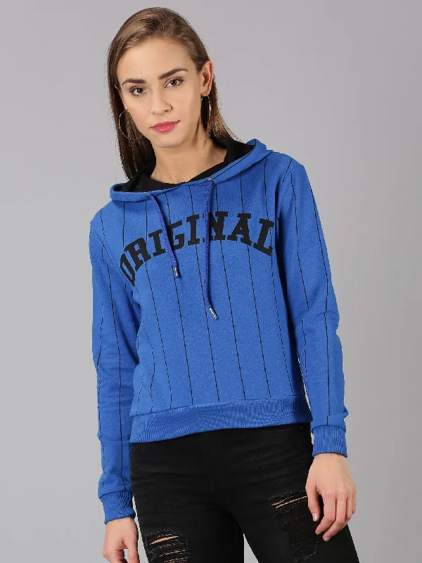 Women Blue Printed Pullover Hoodie Sweatshirt Hoodie with Ribbed Neckline Snug Warm