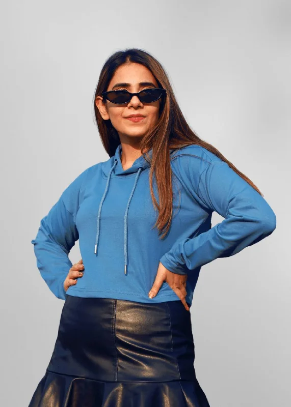 Denim Blue Women Cropped Solid Hoodie | Shop Now | Pronk Cotton Hoodie Fleece Lining Warmth