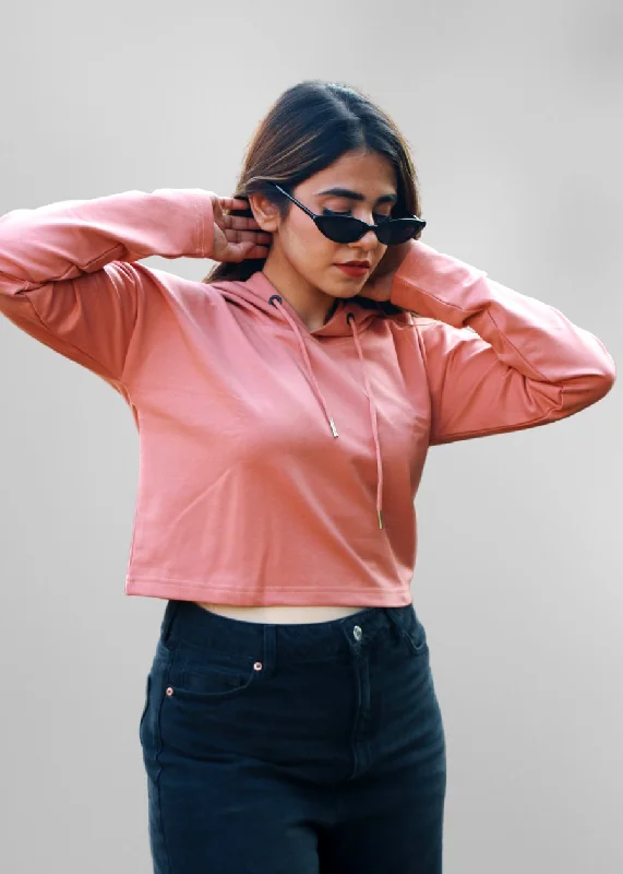 Salmon Pink Cropped Hoodie For Women | Pronk Hoodie with Embroidery Detailed Premium