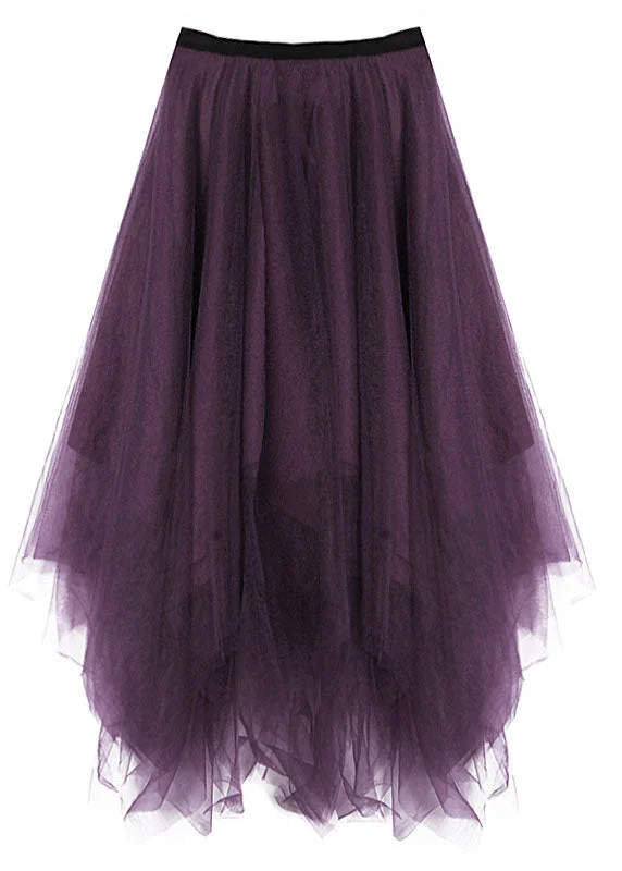 Women Purple Asymmetrical zippered Tulle Skirts Spring linen skirt relaxed