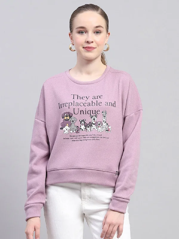 Women Purple Printed Round Neck Full Sleeve Sweatshirt Hoodie with Oversized Fit Loose Comfortable