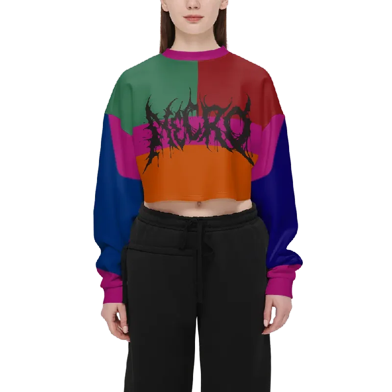 Necro - Black Death Metal Logo - Women’s Cropped Crewneck Sweatshirt Hoodie with Hem Raw Edge Edgy Unfinished