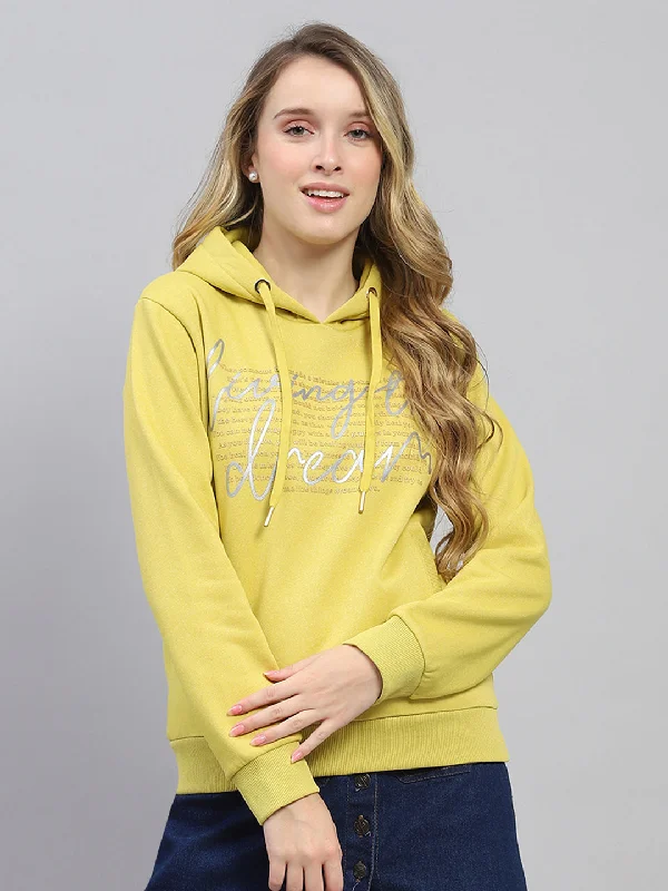 Women Yellow Printed Hooded Full Sleeve Sweatshirt Hoodie with Turtle Neck Cozy Winter