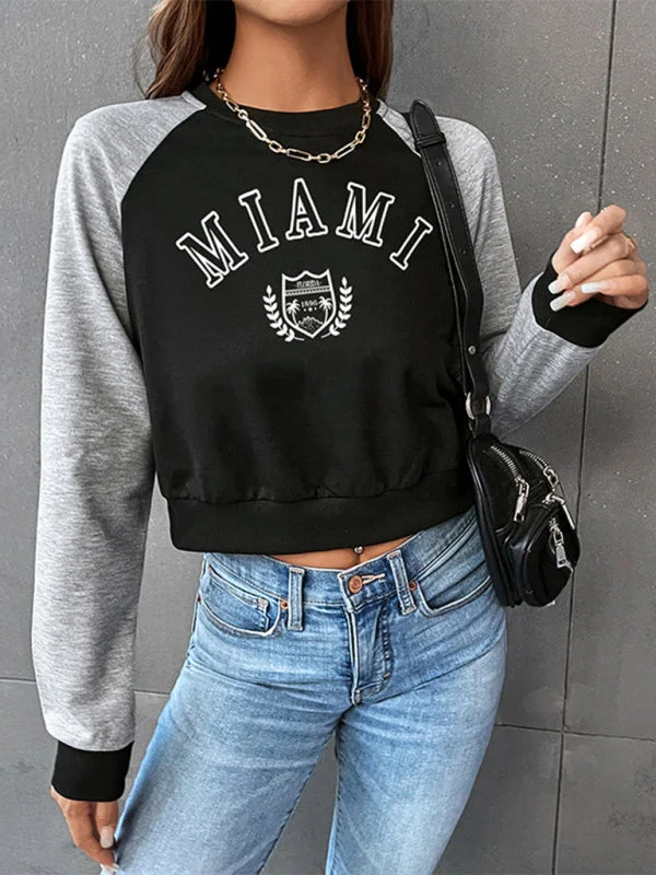 Women's Cropped Raglan Long Sleeve Slogan Sweatshirt Hoodie with Front Slit Layering Stylish