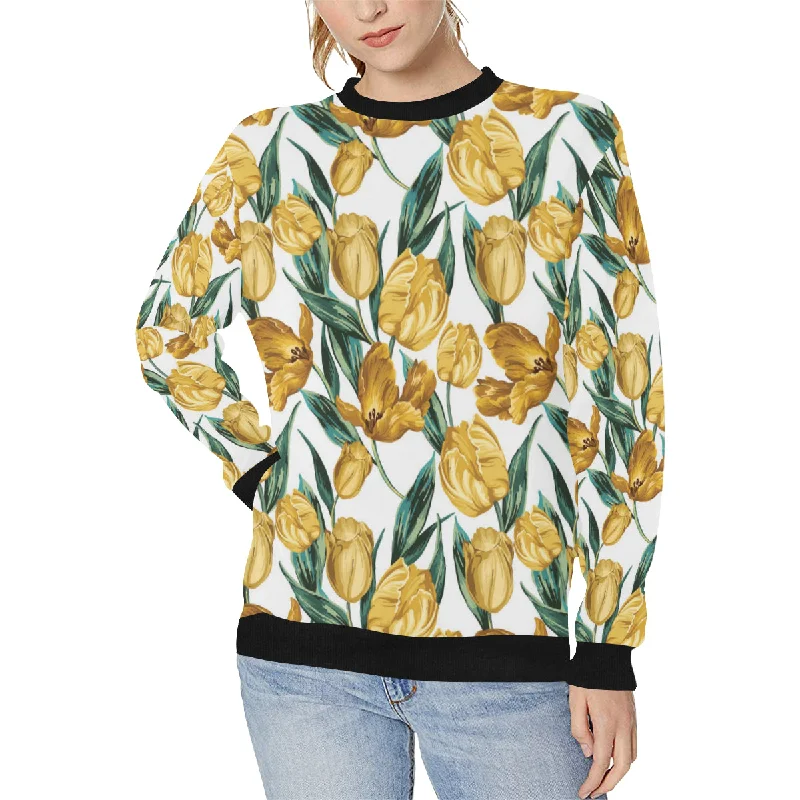 yellow tulips pattern Women's Crew Neck Sweatshirt Hoodie with Button Classic Timeless