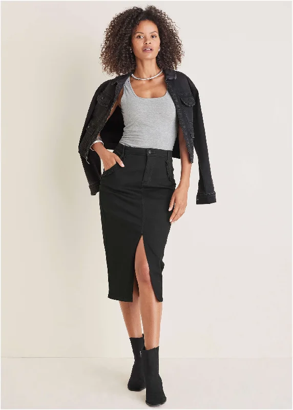 Ruffle Denim Midi Skirt - Black leather skirt bold