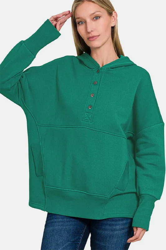 Zenana Half Snap Long Sleeve Hoodie with Kangaroo Pocket Hoodie with High-Low Hem Asymmetrical Trendy