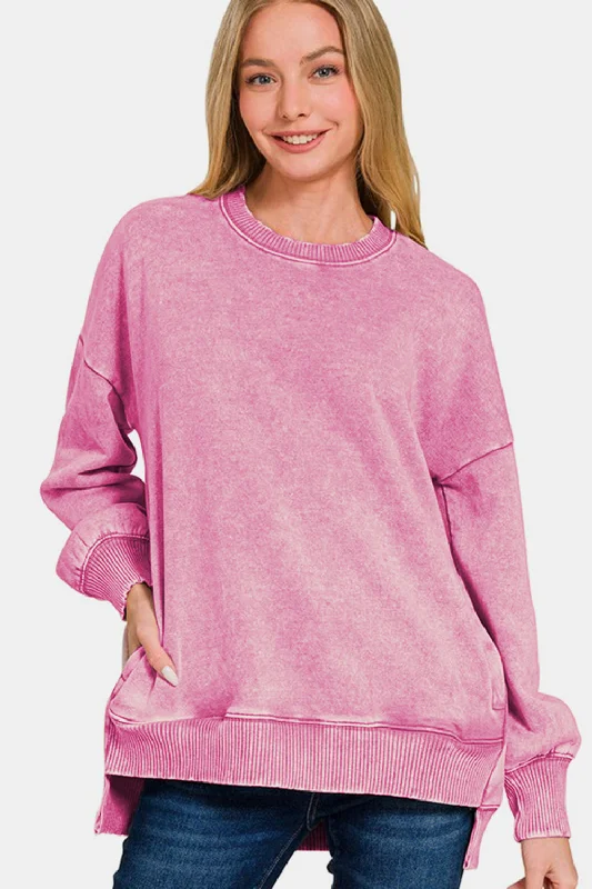 Zenana High-Low Acid Wash Fleece Sweatshirt Hoodie Jacket Zipper Layering