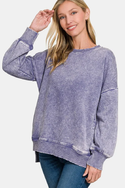 Zenana High-Low Acid Wash Fleece Sweatshirt In Mauve Hoodie with Hem Fringe Bohemian Relaxed